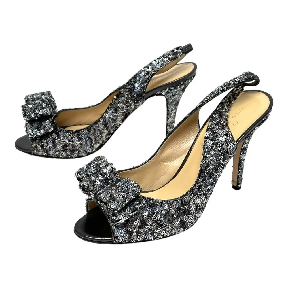 KATE SPADE Charm Micro Sequin Silver Slingback Pumps Heels Peep Toe Bow 8